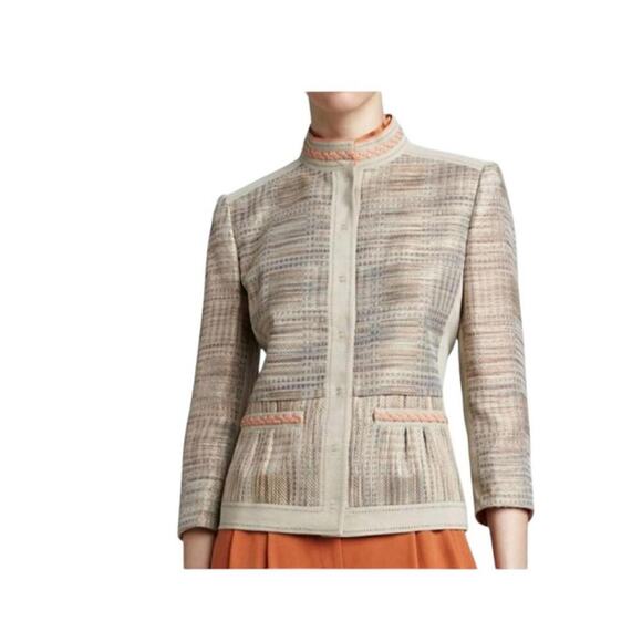 Elie Tahari Mandarin Collar Blazer Snaps Tan & Orange Braided Details Size 8 - Picture 2 of 11